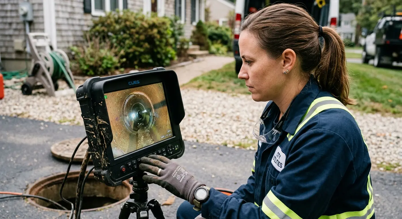 Technician reviewing sewer camera inspection footage in St. Charles