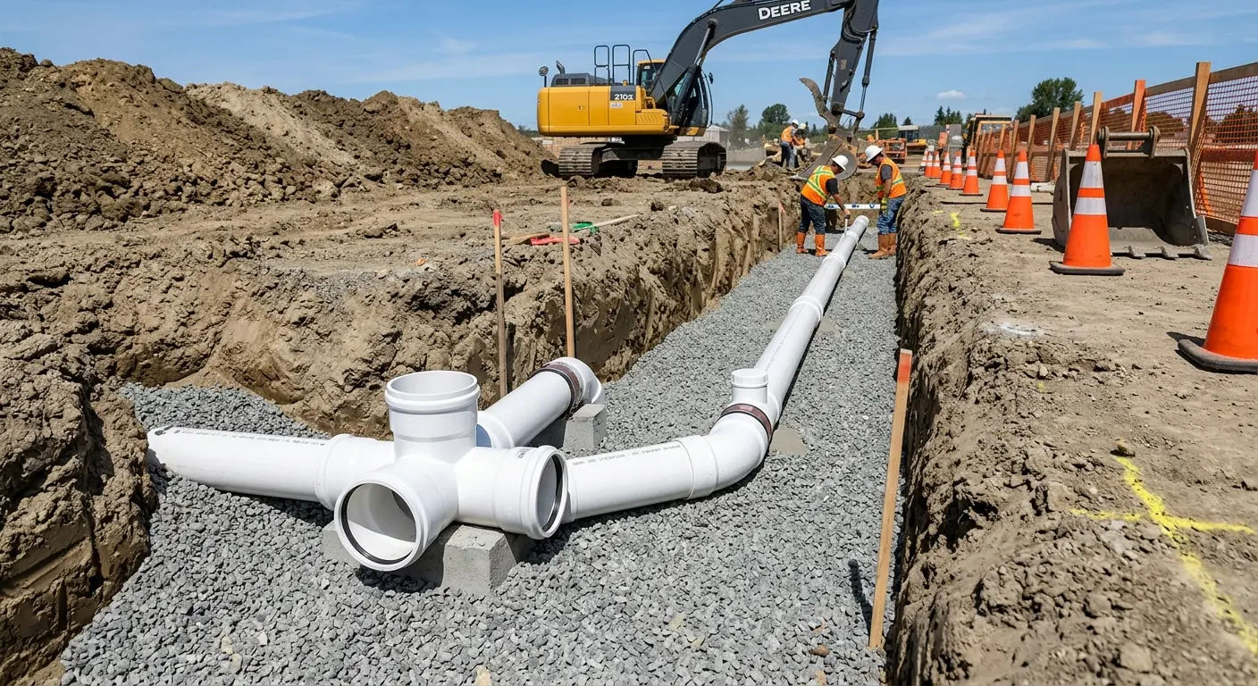 New PVC sewer pipe installation in open trench for Sewer Backup in St. Charles